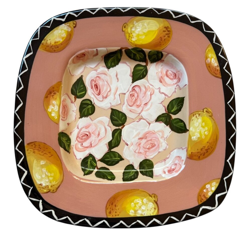 Droll Designs Hand Painted Ceramic Square Bowl Pink Roses Yellow Lemons 11.5"